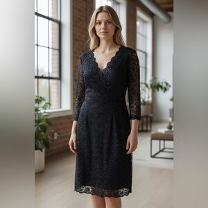 Alex Evenings Navy Sequin Lace 3/4 Sleeve V-Neck Dress Size 12